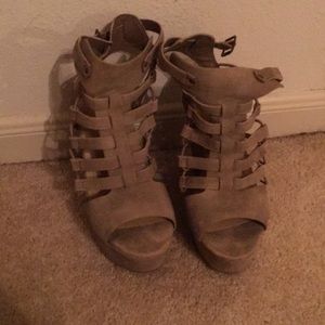 Ankle strap faux suede wedges